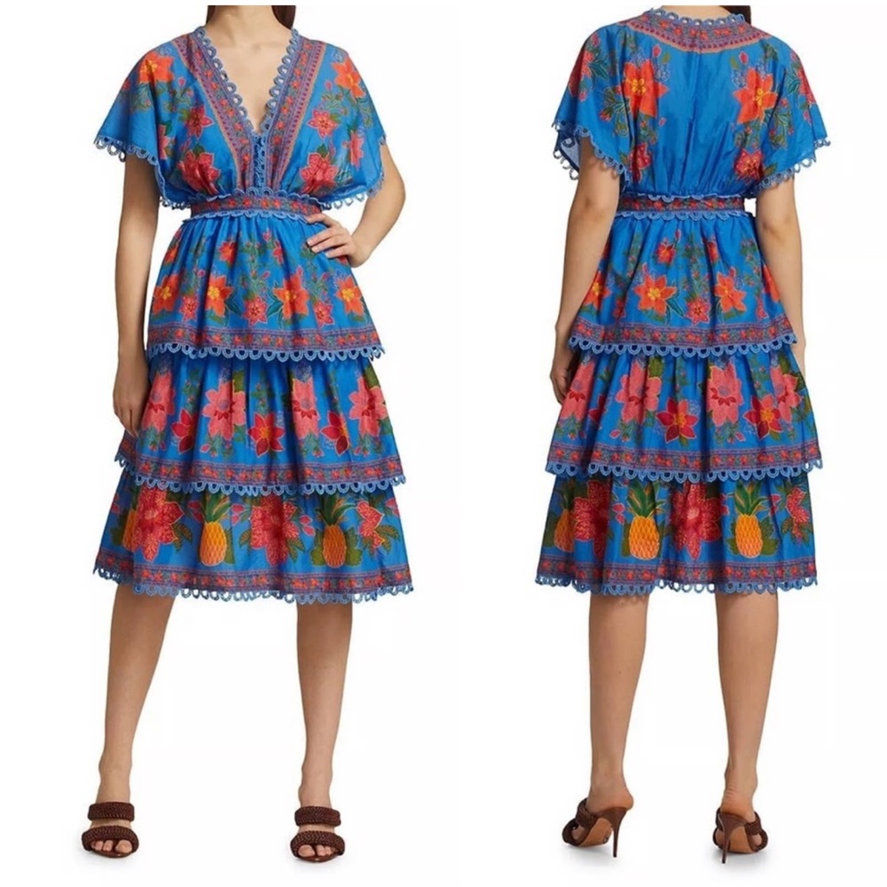 FARM Rio Blue Tiered Midi Dress with Pink & Orange Floral and Pineapple Print